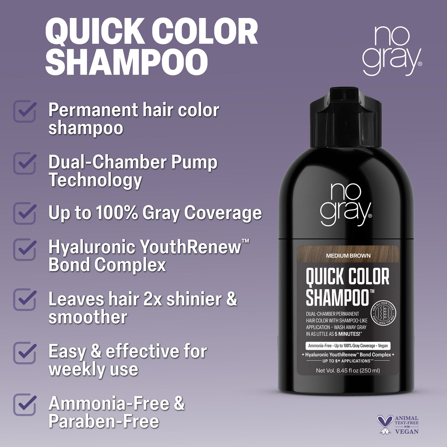 No Gray Quick Permanent Hair Color Shampoo, 8.45oz (Medium Brown)