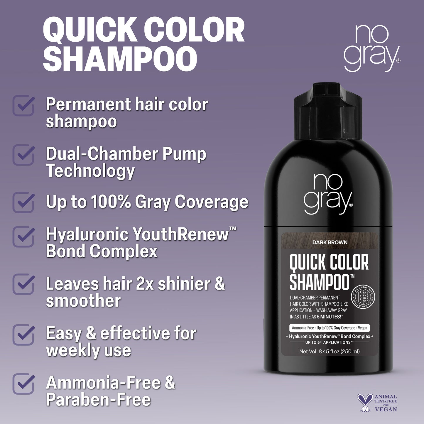 No Gray Quick Permanent Hair Color Shampoo, 8.45oz (Dark Brown)