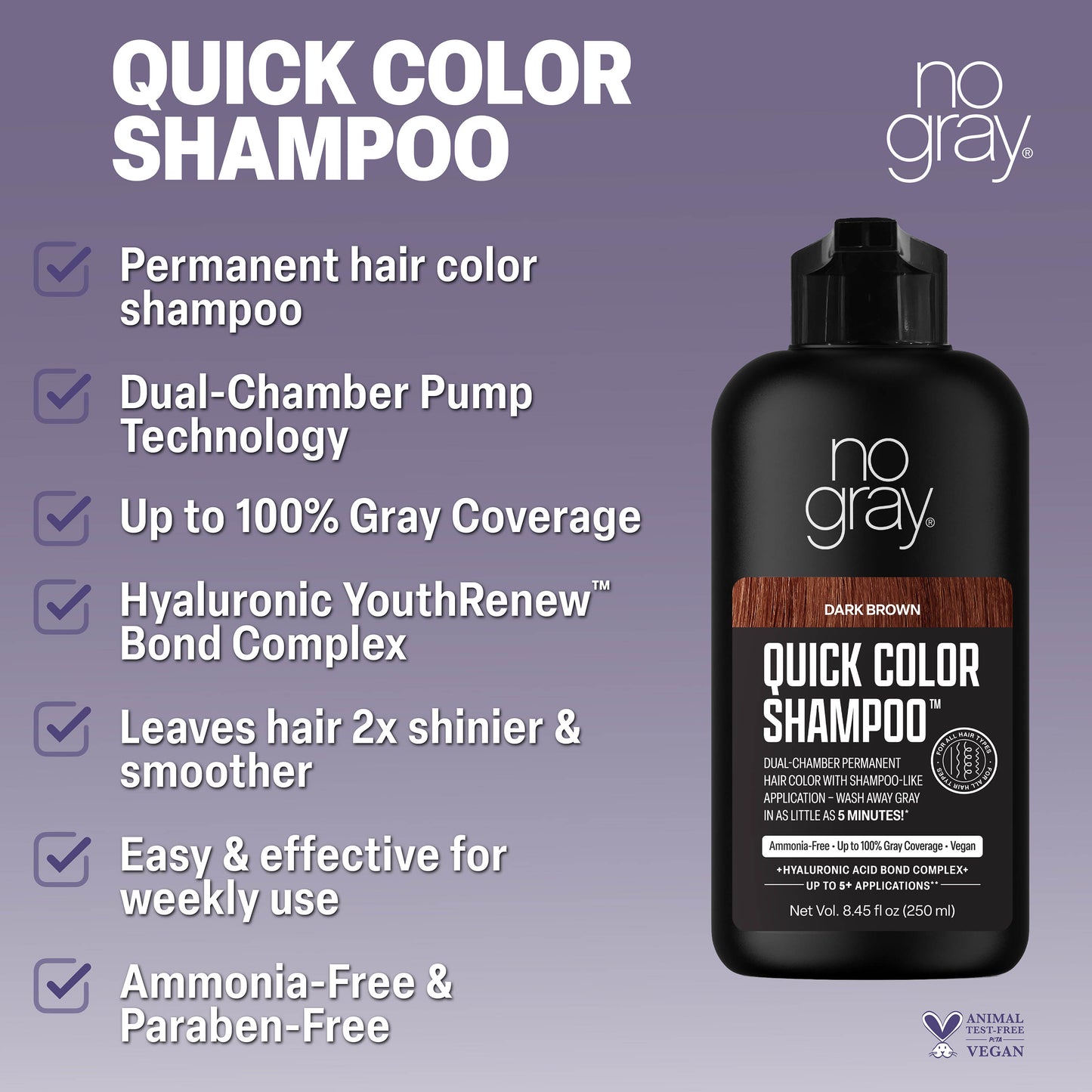 No Gray Quick Permanent Hair Color Shampoo, 8.45oz (Dark Brown)